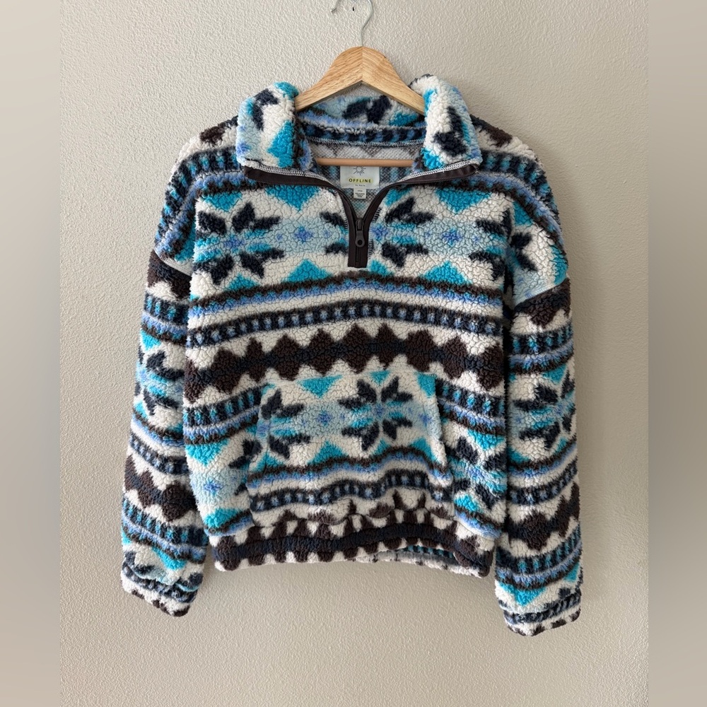 Aerie Blue and Black Patterned Turtleneck Sweater